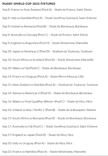 Rugby World Cup 2023 Fixtures